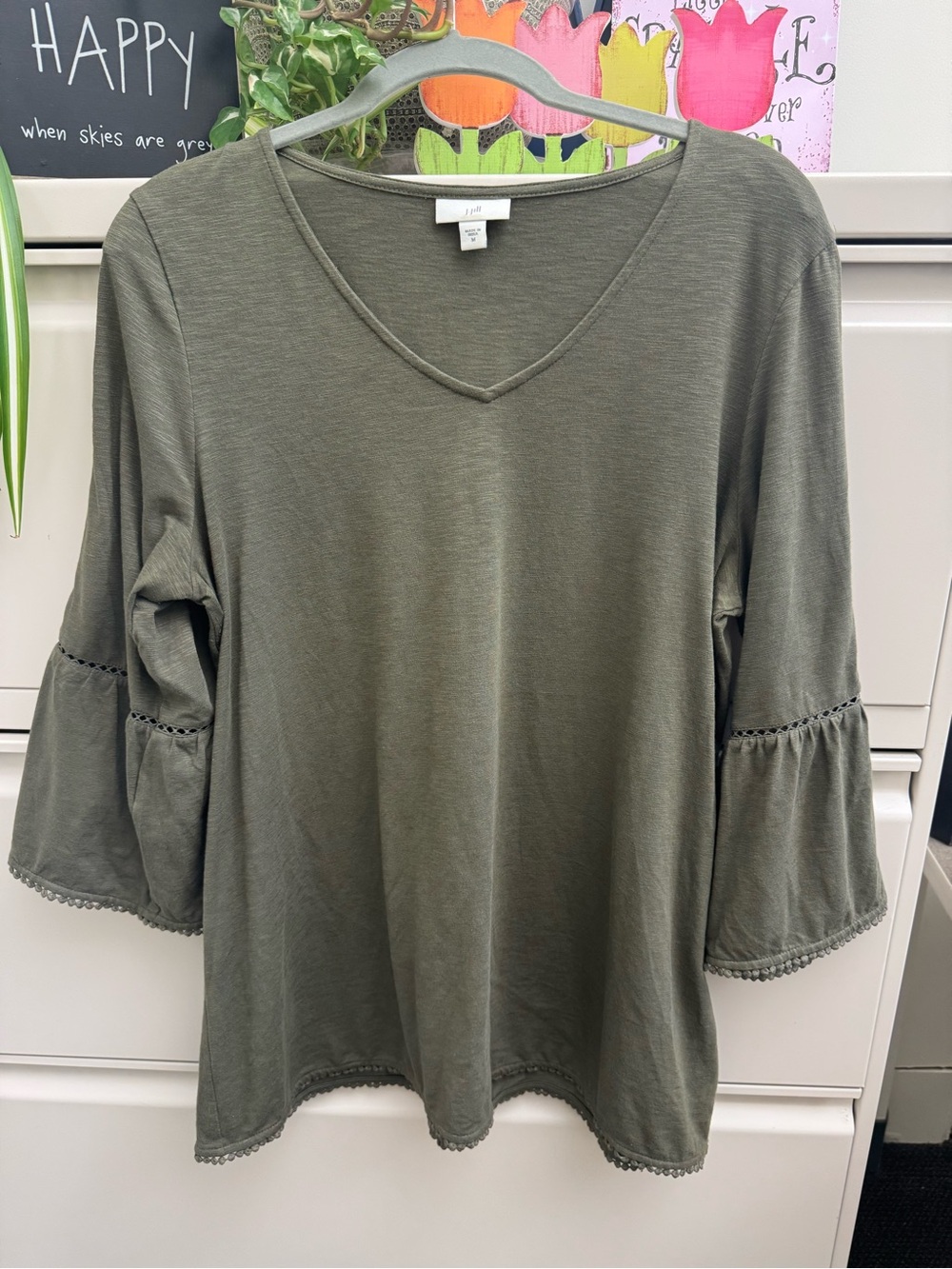 J. Jill Olive V-Neck Bell Sleeve Tunic with Crochet Trim